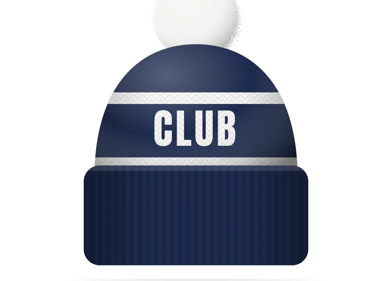 Online designer preview: navy winter hat with CLUB lettering and a white pompom