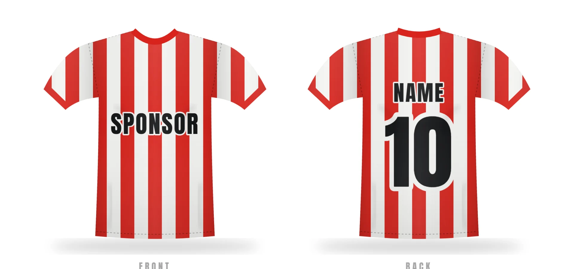 Online designer preview: red and white striped match shirt, front and back with number 10