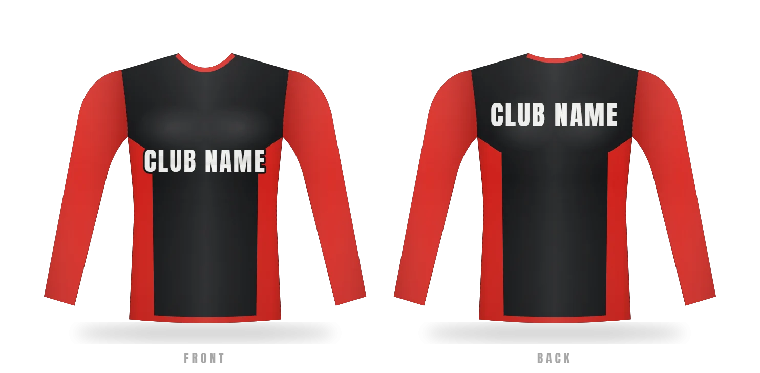Online designer preview: black rashguard with red panels, front and back