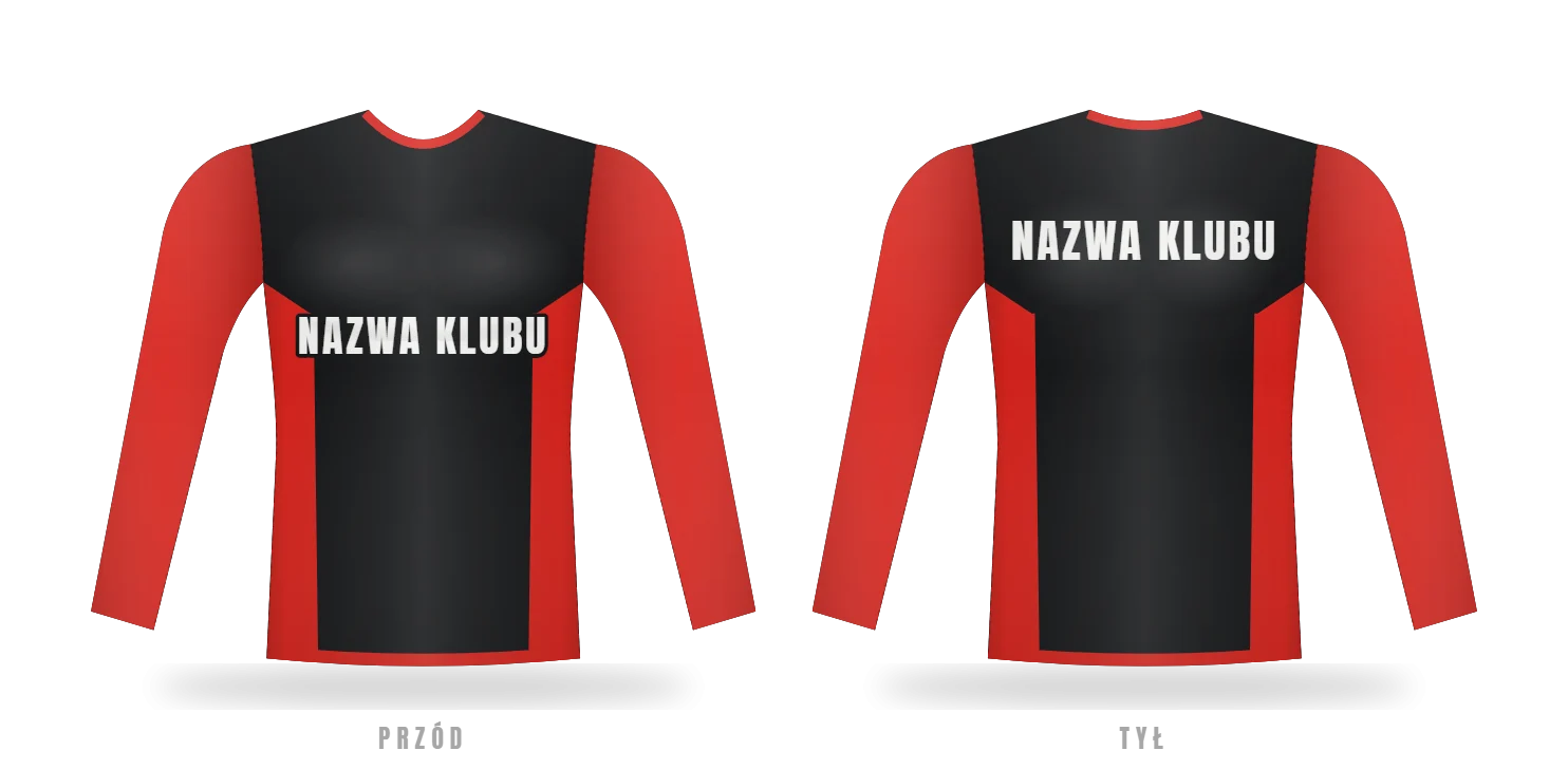Podgląd z konfiguratora: czarny rashguard z czerwonymi panelami, przód i tył