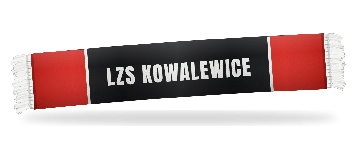 Podgląd z konfiguratora: czerwono-czarny szalik z napisem LZS KOWALEWICE